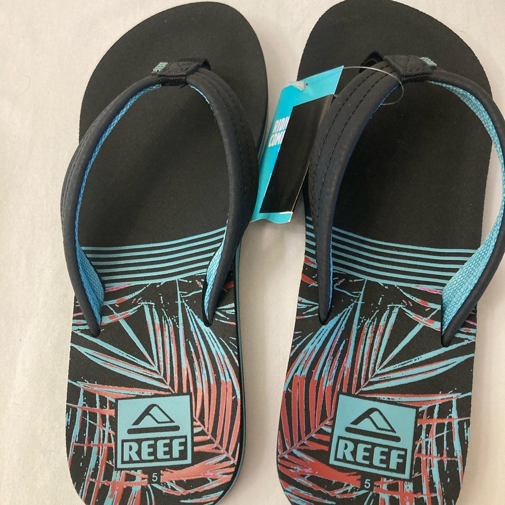 Reef Black Flip Flops with Teal & Coral Palm Print NWT size 5